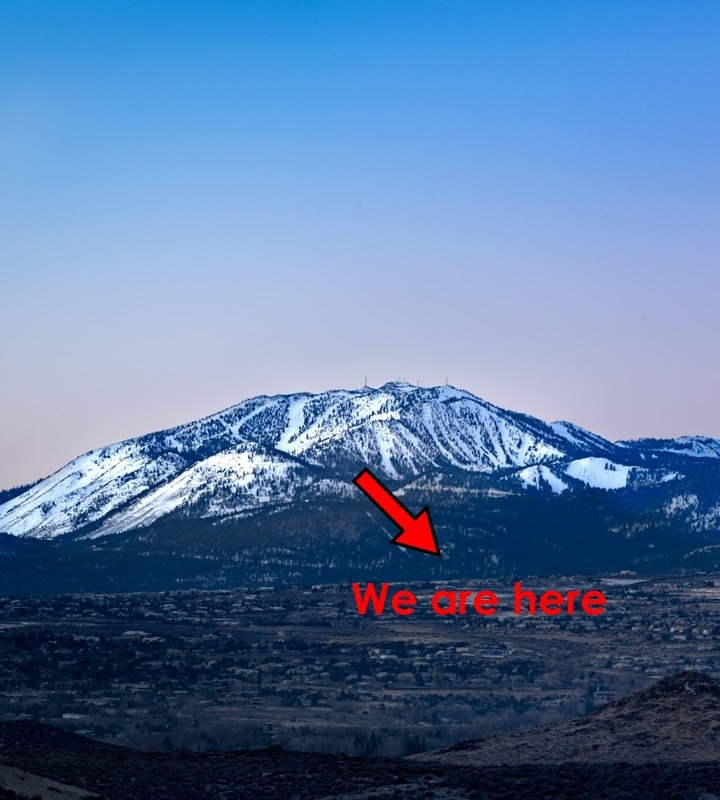Arrow indicating Mountain Medical Practice location at the foot of Slide Mountain in the Carson Range near Reno in Washoe County