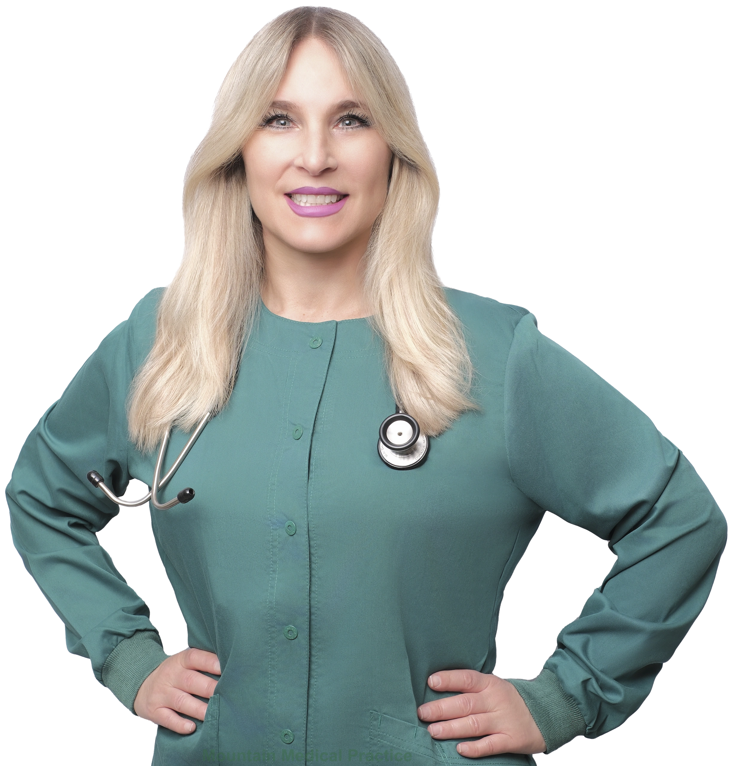 Dr. Maria Pirraglia, M.D. in green scrubs with stethoscope around neck straight-on