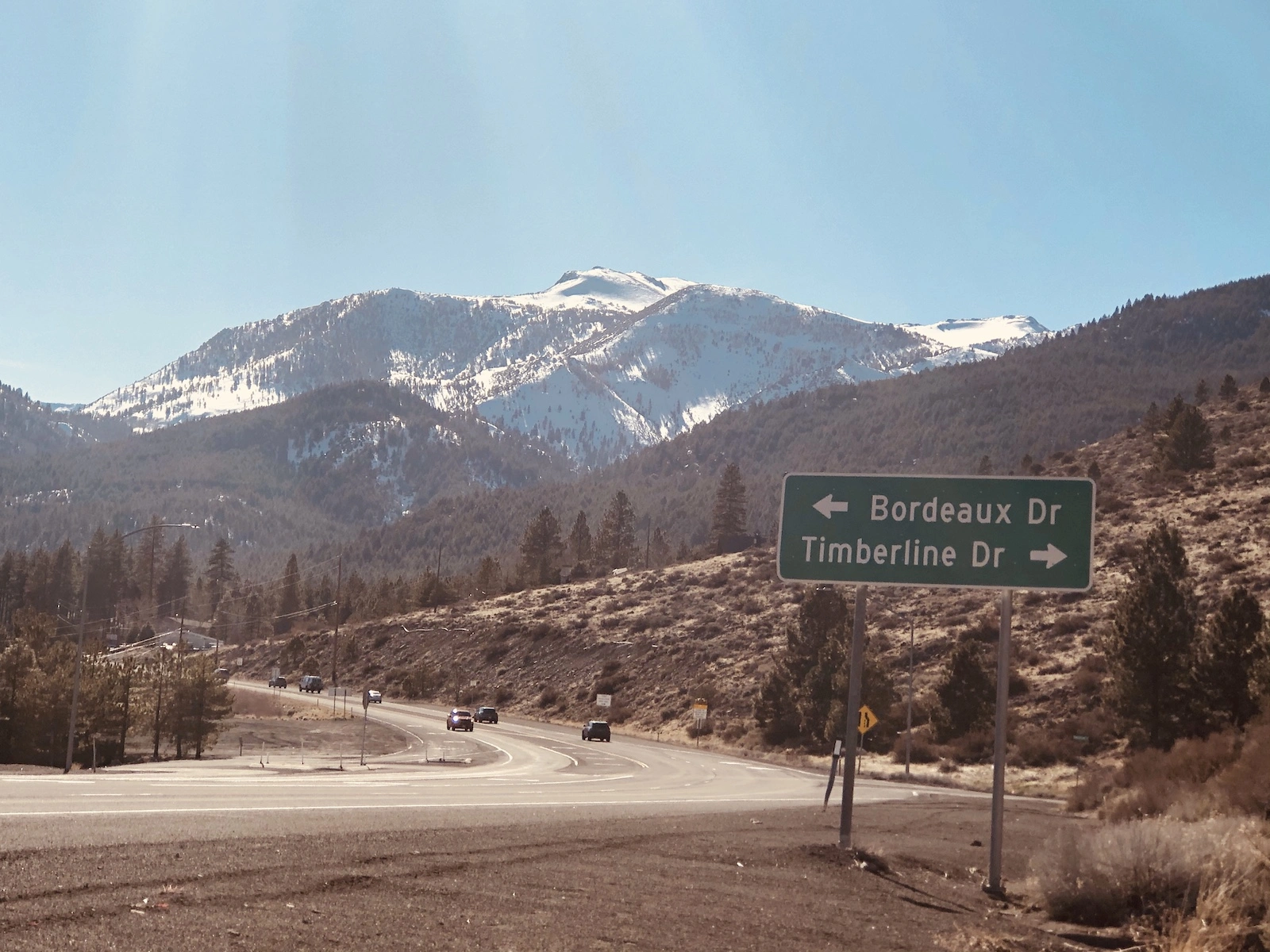 Road sign on Mount Rose Hwy for Bordeaux Dr in Montreux and Timberline Dr