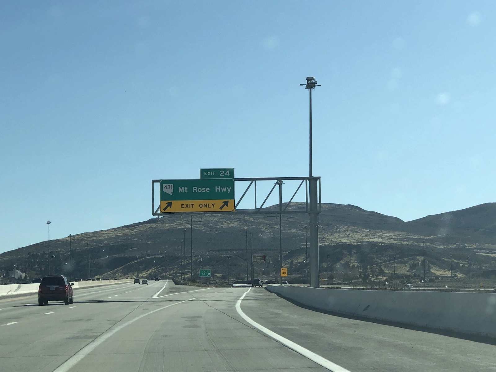 Road sign on Interstate 580 (US 395) for Exit 24 to Mt Rose Hwy (State Route 431)