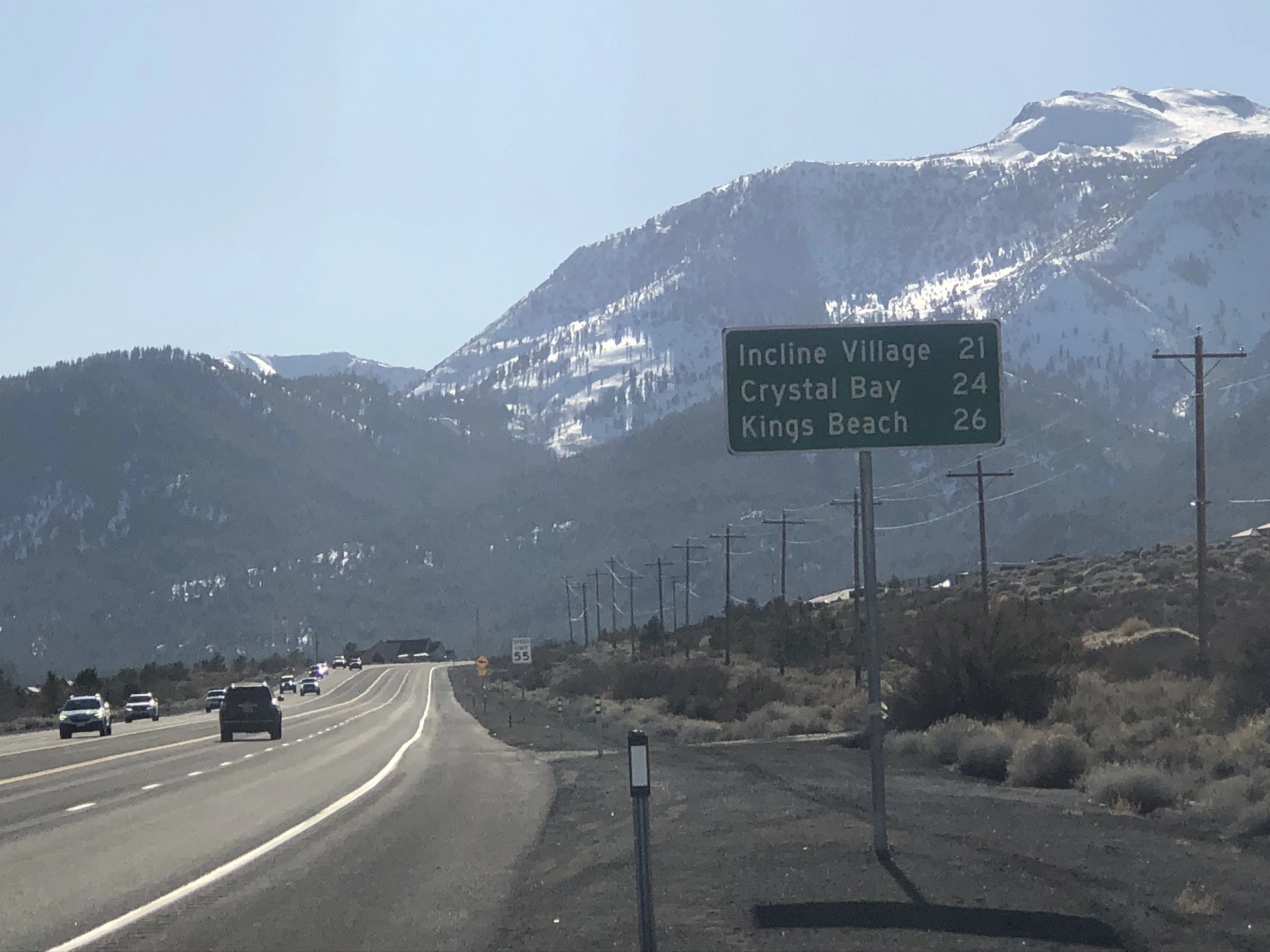 Road sign on Mount Rose Hwy for Incline Village, Crystal Bay, and Kings Beach