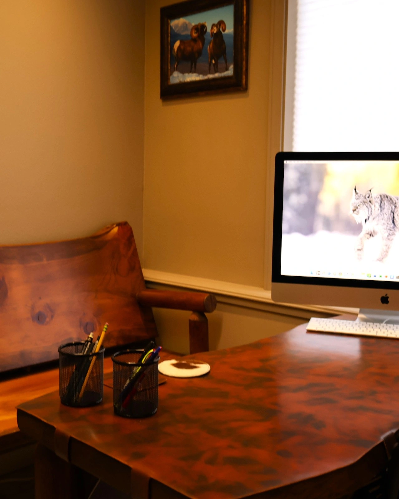 Mountain Medical Practice consultation room with rustic style desk, iMac desktop computer, northwestern wildlife wall décor painting of two bighorn rams standing on a snow-covered mountain