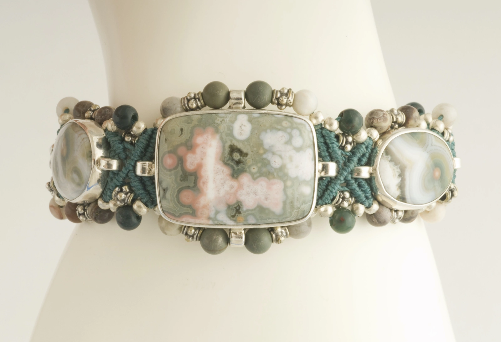 Ocean jasper green macramé nomadic knotwork style bracelet by designer Isha Elafi
