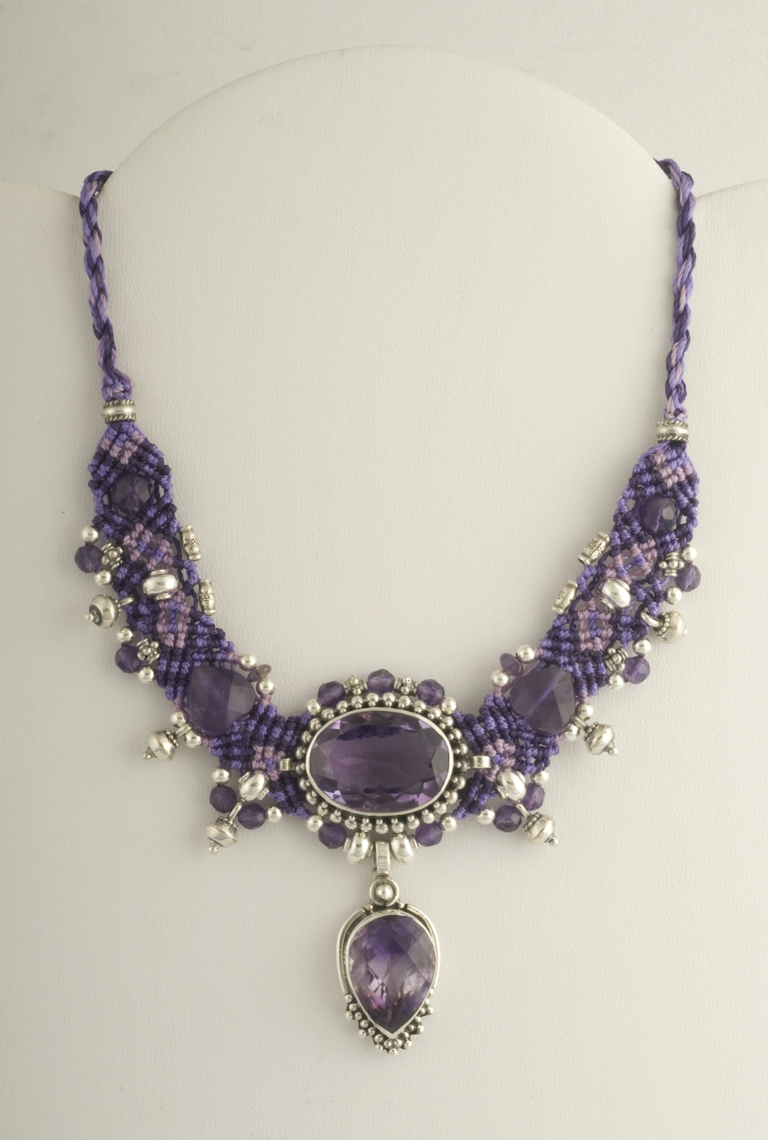 Amethyst and purple macramé nomadic knotwork style necklace by designer Isha Elafi