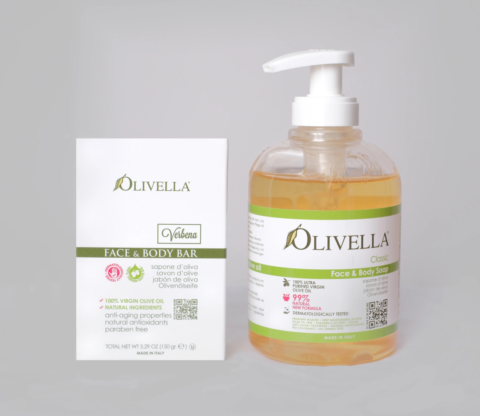 Olivella face and body classic liquid soap and verbena body bar, made in Italy
