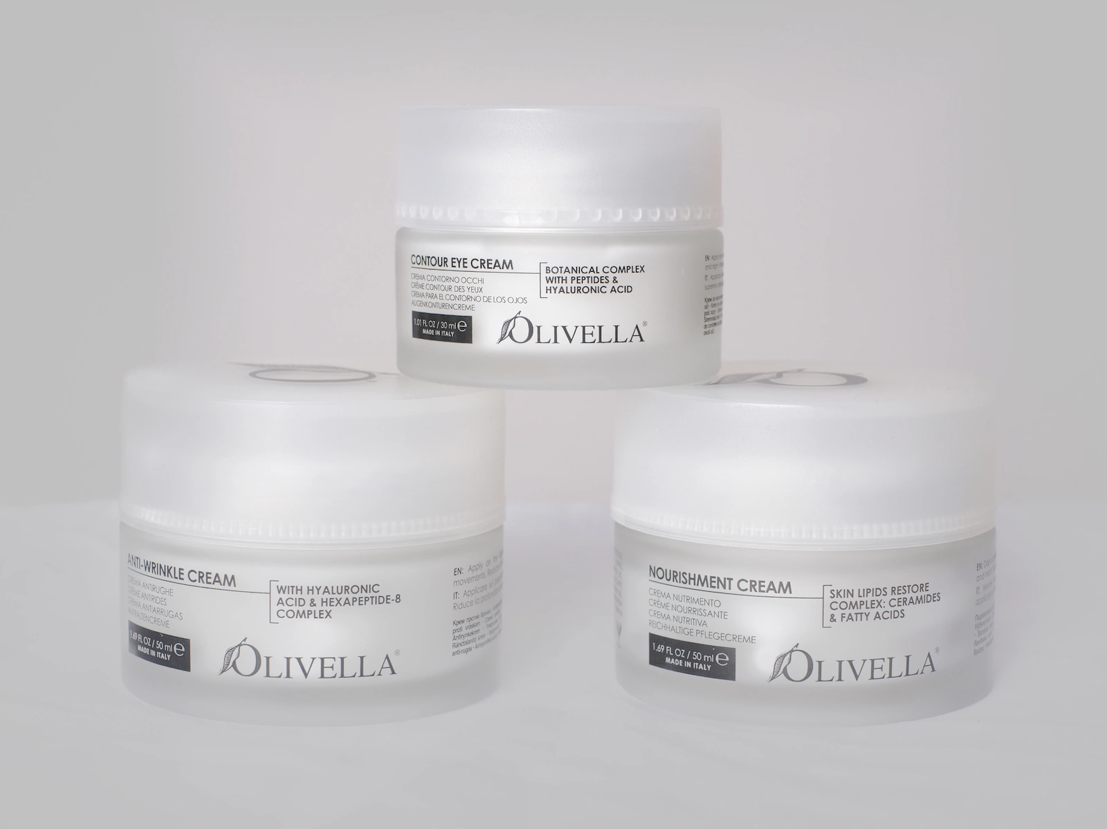 Olivella Contour Eye Cream, Anti-Wrinkle Cream, Nourishment Cream, botanical complex, peptides, hyaluronic acid, hexapeptide-8, lipids, ceramides, fatty acids, skincare products made in Italy