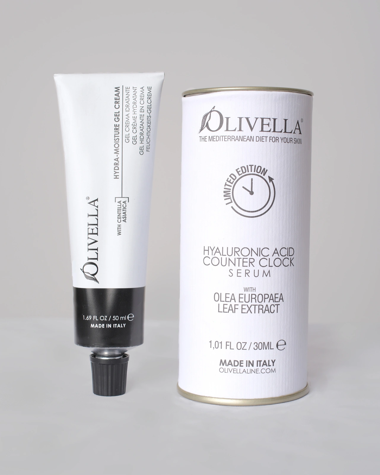 Olivella Counter Clock Serum with hyaluronic acid, olea europaea leaf extract, skin care product, made in Italy