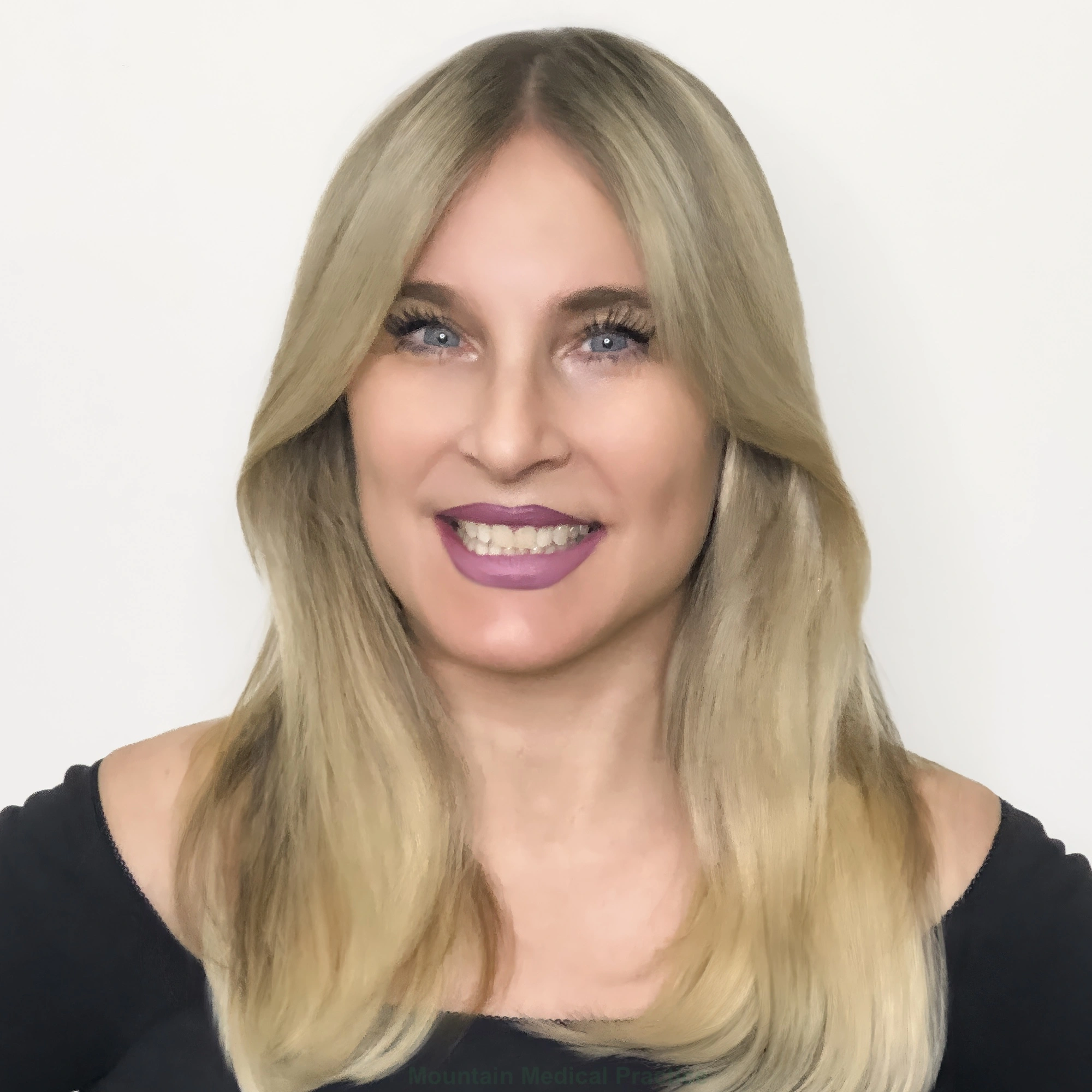 Maria Pirraglia in black off-the-shoulder top