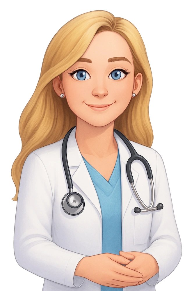 Female doctor avatar with blonde hair and blue eyes in white lab coat with stethoscope around neck inviting testimonial submissions