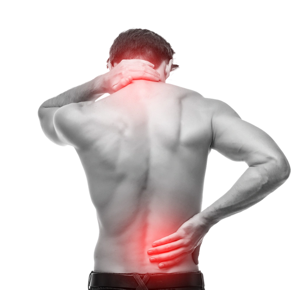 Muscular male clutching his neck and low back in pain