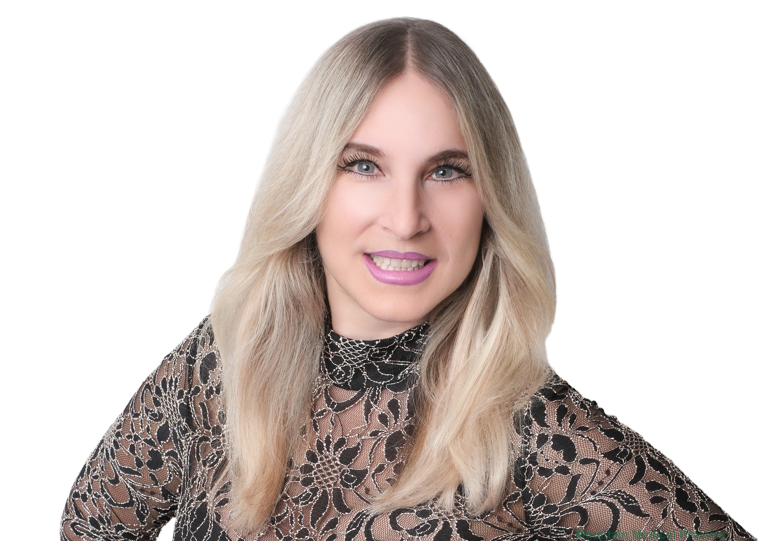 Dr. Maria Pirraglia, best Physical Medicine and Rehabilitation doctor in Reno, in black lace high neck blouse facing straight on