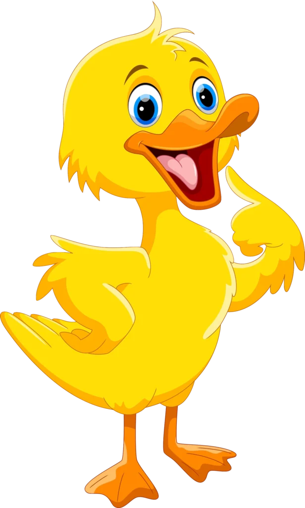 Cartoon depicting a cute blue-eyed yellow baby duckling with an enlightened facial expression