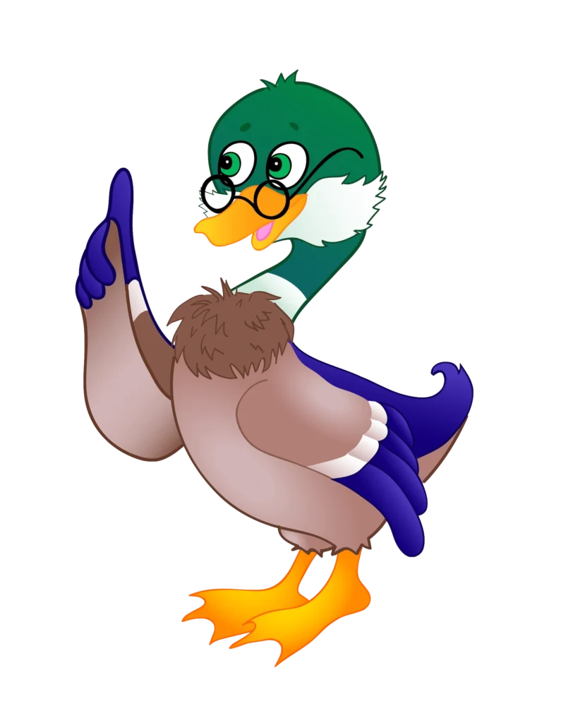 Cartoon depicting a wise male mallard duck professor wearing black spectacles